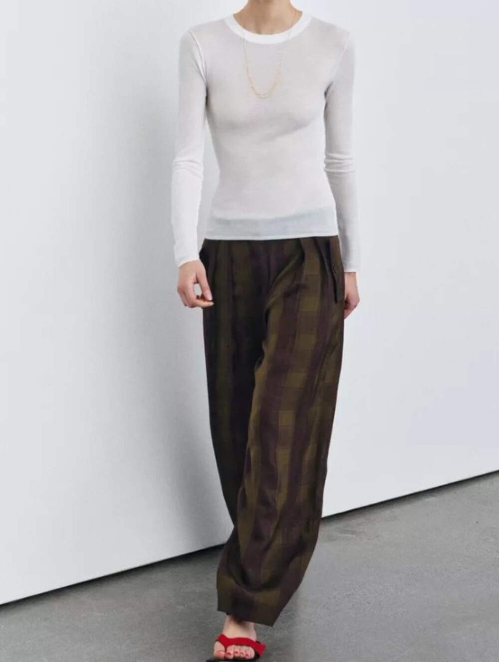 Zara Zw Collection Flowing Plaid Pleated Lightweight Straigh-Leg Pants